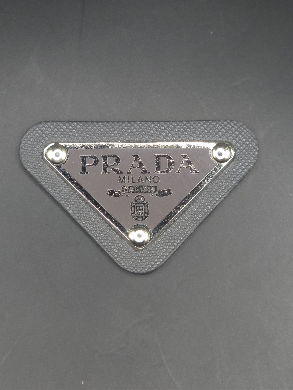 Gray Prada Triangle Patch/Croc Charm